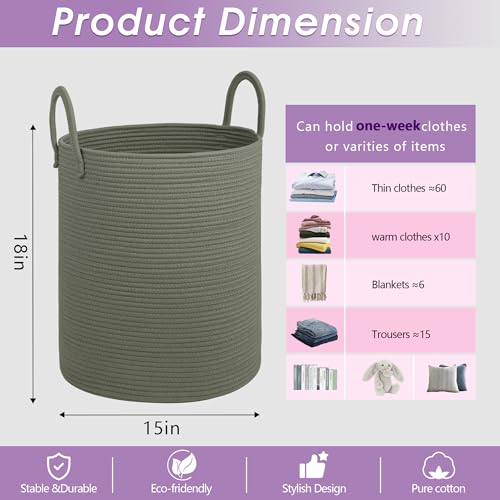 Large Laundry Basket,Laundry Hamper,15''x18'' Cotton Rope Storage Basket with Handles,baby hamper,Nursery Blanket Storage Living Room,toy basket,kids laundry(Green) - color: Green, size: 60L