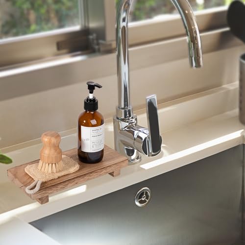 zoocatia Small Wood Tray Pedestal Stand Farmhouse Bathroom Decor Decorative Wooden Riser Kitchen Soap Dish Holder for Vanity, Counter, Sink, 10" x 4.5" - Brown - color: Brown, size: 10" x 4.5" x 1.6"