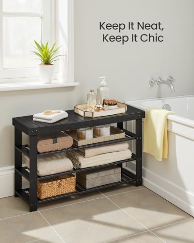 SONGMICS Shoe Rack Bench, 4 Tier Bamboo Shoe Storage Organizer, Entryway Bench, for Living Room, Bathroom, Bedroom, 11.3 x 35.2 x 20.5 Inches, Ink Black ULBS390BH01 - color: Ink Black, size: 11.3"D x 35.2"W x 20.5"H
