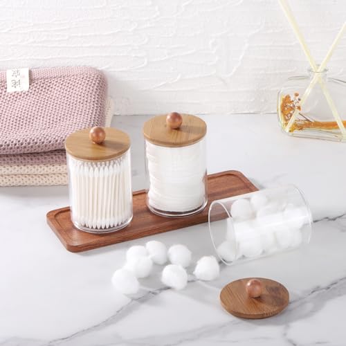 Tbestmax Qtip Holder with Vanity Tray, Clear Bathroom Containers Dispenser for Storage Cotton Swab/Ball/Pad Holder Wood Lids - color: Group A-Brown Bamboo