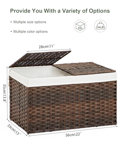 SETVSON Storage Basket with Lid Rattan Woven Storage Baskets with 2 Separate Lids, 17.2 Gallon (65 L), 22 x 13 x 13.8 Inches,Foldable, 2 Removable Liner Bags Handles for Bedroom, Laundry Room Brown - color: Brown, size: 65L-22L*13W*13.8H