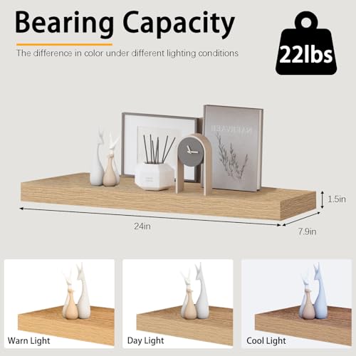 INHABIT UNION Oak Floating Shelves for Wall，24in Wall Mounted Display Ledge Shelves Perfect for Bedroom, Bathroom, Living Room and Kitchen Decoration Storage (Oak, Set of 2) - color: Oak, size: 24 Inch