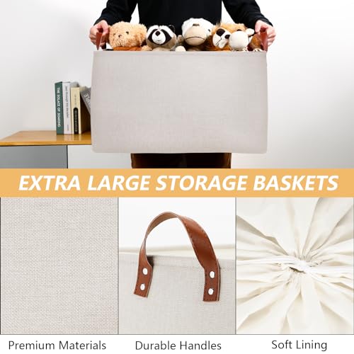 DULLEMELO Large Beige Storage Basket 70L Oversized Canvas Fabric Storage Bin, Collapsible Rectangular Toys Basket Organizer with Handles, 22X15 Storage Container for Clothes, Blankets, Pillows - color: Beige, size: Extra Large-22" x 15" x 13"