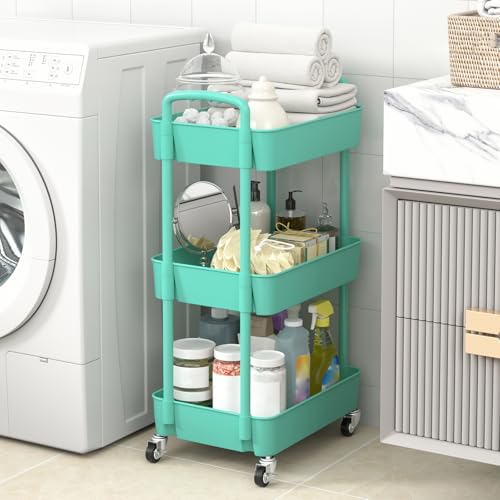 Sywhitta 3-Tier Plastic Rolling Utility Cart with Handle, Multi-Functional Storage Trolley for Office, Living Room, Kitchen, Movable Storage Organizer with Wheels, Green - color: Green, size: 3-tier