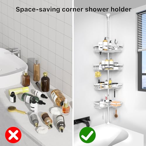 KEGII Corner Shower Caddy Tension Pole - Chrome 4-Tier Adjustable Shower Tension Rod Organizer with Hooks & Soap Holders, 25-114.2 Inch Stainless Steel Shower Storage Rack for Renters & Family - style: Tension Caddy - Chrone
