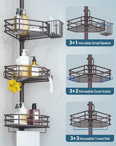 SEIRIONE Corner Shower Caddy Tension Pole, Quick Setup, Rust-Free Bathroom Shower Organizer Corner for Bathtub Shampoo Storage, 4-Tier Adjustable Shelf, Drill Free, Fits 34 to 116 Inch Height, Bronze - color: Bronze