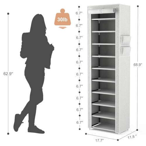 VTRIN Vertical Narrow Shoe Rack Organizer Tall Shoe Rack for Closet Entryway 10 Tier Non-Woven Cover Shoe Shelf Holds 20-22 Pairs Free Standing Shoe Storage Cabinet with Dustproof Cover, Multi Color - color: Multi Colo, size: 17.7"W x11.8"D x 68.9"H