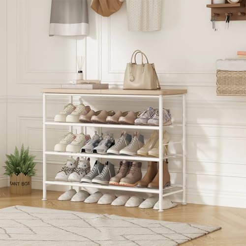 SUOERNUO Shoe Rack Organizer 4 Tier for Closet Entryway Free Standing Metal Storage Shoe Shelf with MDF Top Board，White+Oak - color: White+oak, size: Standard 4 Tier