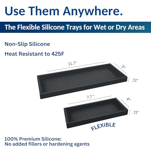 Spacewiser Countertop and Vanity Tray - 2 PC (11” and 7”) Shatterproof Silicone Kitchen and Bathroom Trays for Counter, Kitchen Soap Dispenser Tray, Vanity Trays for Bathroom, Perfume Key Tray - color: Black, size: Set‐ 1 Small + 1 Large