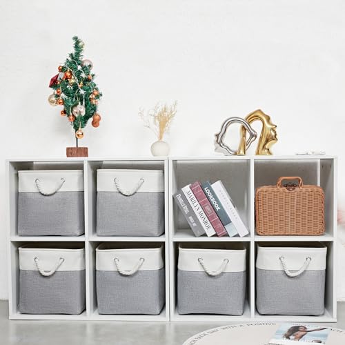 MidmmVick 12 x 12 Inch Cube Storage Bins, 6 Pack Large Collapsible Fabric Storage Bin with Ropes, Foldable Storage Cubes for Home, Office,Closet, Clothes, Toys Organizer (White & Grey) - color: White&Grey-12"x12"x12"