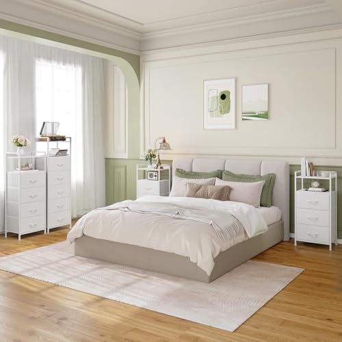 Somdot Tall Dresser for Bedroom, 5 Drawers Nightstand Vertical Storage Tower Unit, Night Stand Furniture with Fabric Drawer Organizer in Bedside Hallway, Entryway, Kids Room, Closet, White Leather - color: White Leather, size: 11.4"D x 15.2"W x 42.1"H (5