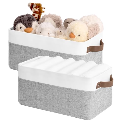 StorageWorks Narrow Storage Bins, Small Basket for Closet and Shelves, Rectangular Fabric Organizer with Handles, Toilet Paper Storage, Gray and White, 2-Pack - color: Grey and White, size: 15"L x 7¾"W x 7¼"H
