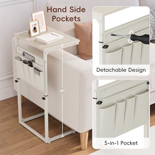 Vagusicc C Shaped End Table, 32'' Tall Side Table for Couch, Adjustable Height Small Couch Side Table for Small Spaces, End Table Slide Under Sofa Table TV Tray Table Arm Table for Living Room - color: Cream White