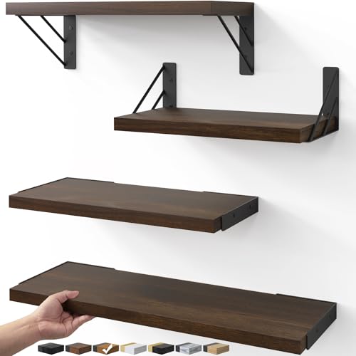 BAYKA Floating Shelves for Wall, Book Shelf for Bedroom, Decor Shelves for Living Room Kitchen, Mounted Wood Floating Shelf for Home Decor, Corner Shelf for Bathroom, Office(Dark Brown,Set of 4) - color: D. Dark Brown Board & Black Brackets, size: 16-inch