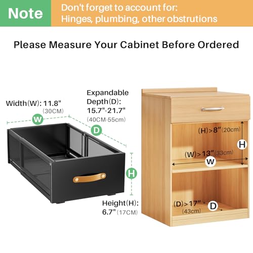 Pull out Cabinet Organizer, Expandable Depth(15.7"-21.7") with Raising Pad for Framed Cabinets, Heavy Duty Slide out Drawers, Adhesive Roll Out Shelves for Kitchen, Pantry Storage(Black, 1-Pack) - color: Black, size: 1-Pack