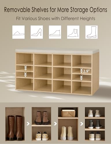 DINZI LVJ Shoe Storage Bench with Cushion, 12-Cubby Shoe Rack, Adjustable Shelves, 40.9" Long Shoe Organizer Bench for Entryway, Mudroom, Hallway, Garage, Natural and Cappuccino Beige - color: Natural, size: 12 Cubby