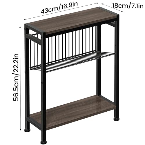 Small Side Table Set of 2 for Small Space, 3-Tier Narrow End Tablewith Magazine Holder,SmallNightstand, Skinny Snack Couch Table in Living Room, Bedroom Study and Balcony(Ash Brown) - color: Ash Brown-2pcs