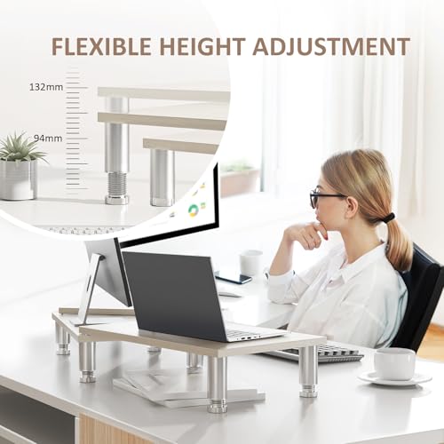 AX Waber Dual Monitor Riser - Adjustable Length & Angle, Wooden Stand for 2 Monitors with Storage - color: Light