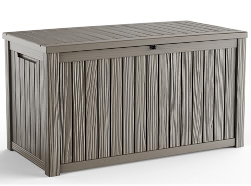 180 Gallon Outdoor Deck Box, Lockable Waterproof Outdoor Storage Boxes For Garden Tools,Indoor Cushions,Accessories Outside Storage Resin Weatherproof Container(Grey) - color: Grey, size: 180 Gallon