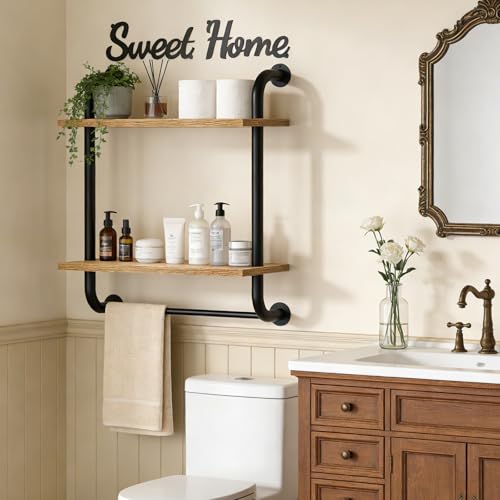 Tinpin Bathroom Shelves Wall Mounted, Rustic Farmhouse Pipe Shelves, 2-Tier, Industrial Shelving Over Toilet, Floating Shelf Decor for Bathroom, Kitchen, Bedroom, Living Room 17.3 inch - color: Brown, size: 2 tier