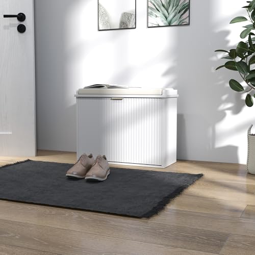 HOMCOM Narrow Shoe Bench with Padded Cushion, Shoe Cabinet with Flip-Drawer and Adjustable Shelf, Small Entryway Bench Holds up to 265lb, 24.4x10.2x18.7 Inches, White - color: White, size: 24.4" x 10.2" x 18.7"
