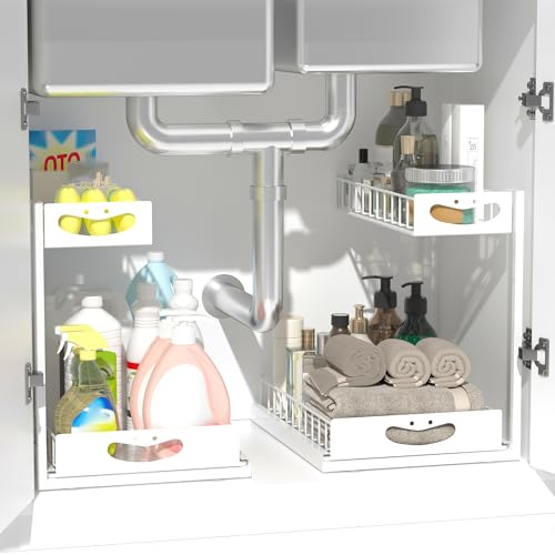 Under Sink Organizer with Pull-Out Drawers,Kitchen Sink Organizer,2 Tier Bathroom Organizers And Storage,Bathroom Accessories Set,White 2 Pack - color: White, size: C 2 Pack