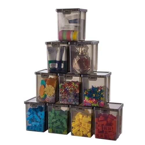 10 Pack Small Storage Bins with Lids, Black Stackable Plastic Organizer Containers for Crafts, Jewelry, Office Supplies & Small Toys - 3.54x3.54x4.53 Inch – Black Square Medium - size: Black Square Medium - 10 Pack
