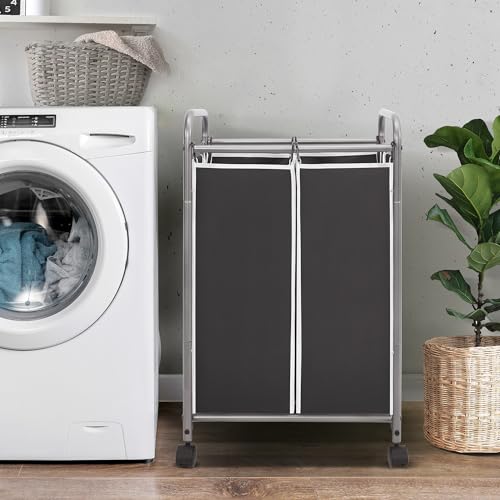STORAGE MANIAC Laundry Sorter 2 Section, 90 L Gal Laundry Hamper with Wheels, Clothes Basket Separator Sorter, 2 Bag Clothes Cart with Wheels and Removable Bags for Closet, Dorm, Collage, Black - color: Black, size: 2 Section