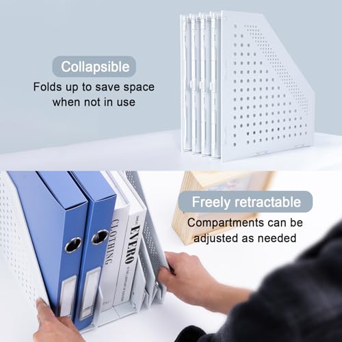 FRETONBA Collapsible Magazine File Holder with 4 Vertical Compartments Foldable Binder Holder for Desk Binder Storage Organizer Plastic Magazine Holders for Shelf, Light Gray - color: Light Grey, size: 4 Compartments - 1Pcs