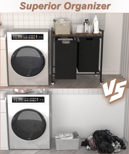 12 x 2 Gal Large Laundry Hamper with Wheels, 2 Pull-Out & Removable Sorter Bags, Freestanding Clothes Basket Organizer for Clothing or Toys in Bathroom and Living Room, Rustic Brown and Black - size: 2 Section with wheels