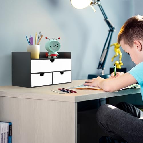 Wisuce Desk Organizer with Drawers - Bamboo Desktop Organizer Storage | Black-White Wood Desk Makeup Dresser Top Organizer for Cosmetics No Assembly Required - color: Black-White, size: 13”L x 6.6”W x7.87”H