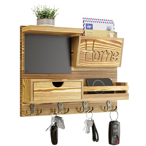 Farmhouse Key Holder for Wall with Mail Organizer - Easy Installation Wall Mount Organizer, Includes Chalkboard, Drawer, Wallet Holder & 4 Double Hooks, Ideal for Entryway, Quick Access - Light Brown - color: Light Brown