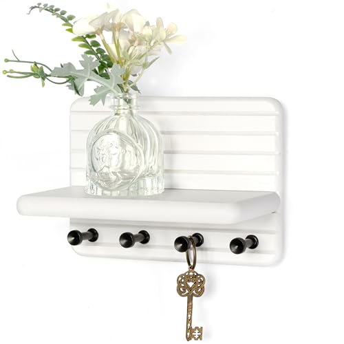 Rebee Vision Small Key Holder Wall Mount for Home Storage – Stylish 7-Inch Key Holder for Wall with 4 Hooks & Mini Floating Shelf - Beautify Your Entryway, Living Room, Bedroom Decor (White) - color: White, size: Small-7inch
