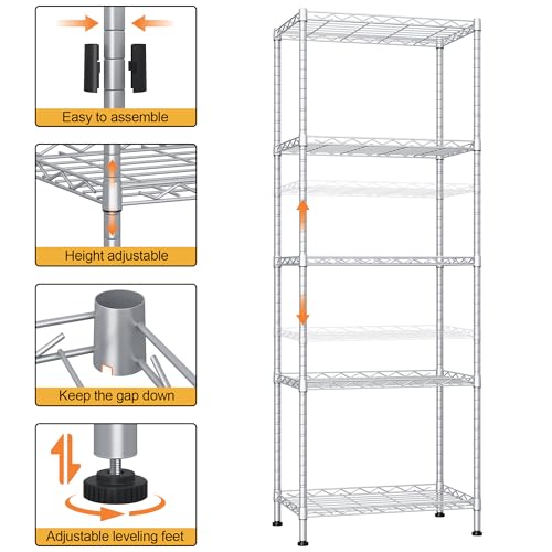 HOMEFORT 5-Shelving Unit, Adjustable Wire Shelving, Metal Wire Shelf Rack Organizer for Kitchen, Pantry, Closet, Bathroom, Laundry,Sliver,21" W x 11" D x 53" H - color: Silver, size: 21"W x 11"D x 53"H