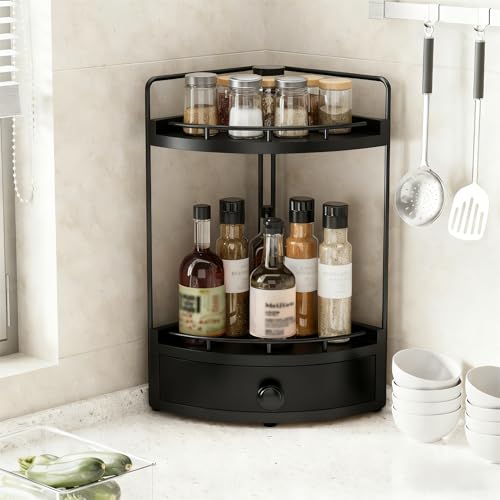 2-Tier Corner Bathroom Counter Organizer with Drawer & Embedded Screw Holes - Wooden Countertop Organizers for Skincare, Makeup Storage, Bathroom Sink Counter Shelf for Vanity, Kitchen, Black - color: Black