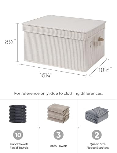 StorageWorks Storage Bins with Lids, Decorative Storage Boxes with Handles, Foldable Storage Baskets for Closet, Shelves, Stackable, Khaki Stripe, Large, 3-Pack - color: Khaki Stripe, size: Large