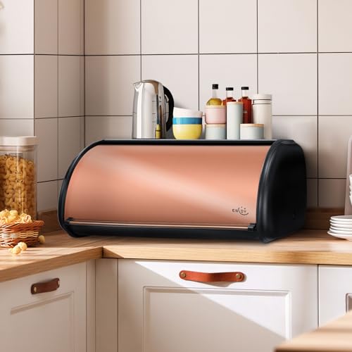 ENLOY Bread Box for Kitchen Countertop, Stainless Steel Bread Storage Bin for Kitchen with Roll Up Lid, Large Capacity Bread Keeper Holds Large Loaves of Bread (Rose Gold) 17 x 11 x 7 IN - color: Matte Black Rose Gold