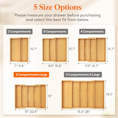 Lifewit Utensil Organizer for Kitchen Drawer, Expandable Cooking Utensil Tray, Cutlery Silverware Flatware Holder, Wood Adjustable Spatula Tools Storage Divider, 13-22x15/ 33-56x38cm, Natural - color: Natural, size: 12.6~22.4''W x 15'' D