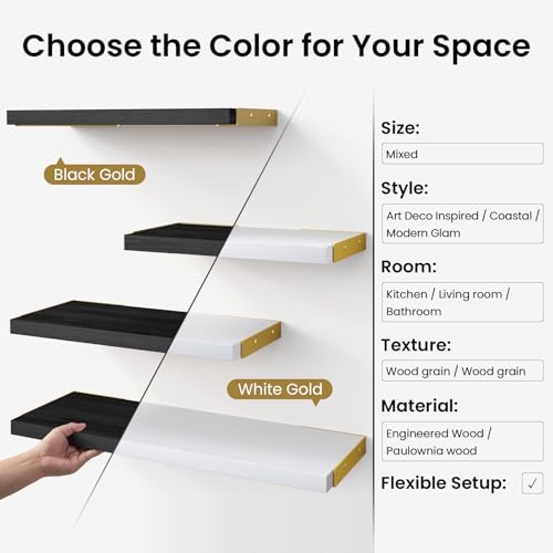 BAYKA Floating Shelves for Bedroom Decor, Wall Shelves for Storage, Wall Mounted Rustic Wood Floating Shelf for Books,Corner Shelf for Bathroom,Kitchen,Living Room(Black and Gold，Set of 4) - color: G. Black Board & Gold Brackets, size: 16-inch Mixed