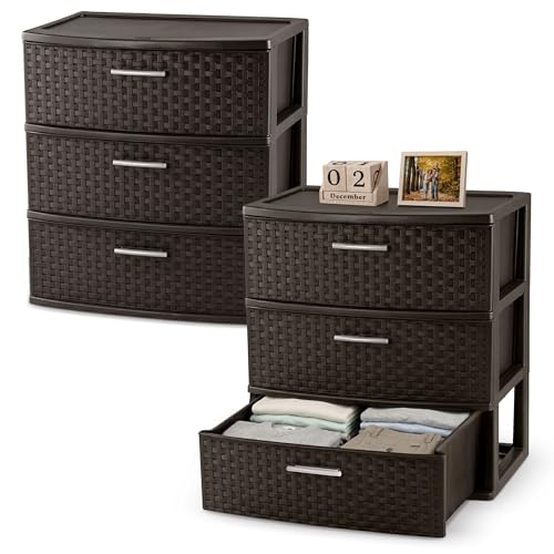 Sterilite 3 Drawer Wide Weave Storage Tower, Plastic Drawers to Organize Clothes in Bedroom, Closet, 2-Pack, Brown - size: 2 Pack