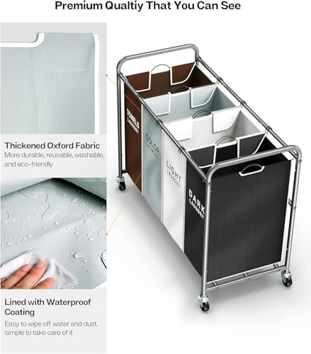 ROMOON Laundry Hamper Sorter Cart: 4-Section Organizer with Heavy-Duty Lockable Wheels and Removable Bags | 180L Rolling Laundry Basket for Dirty Clothes in Laundry Room or Small Spaces (Multicolor) - color: Multicolored