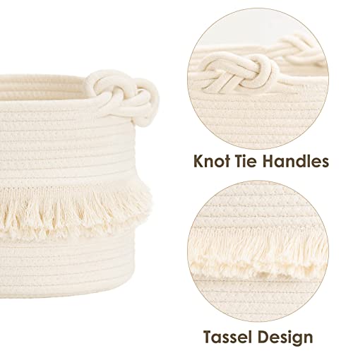 CherryNow Small Woven Storage Baskets, 9.5'' x 7'' inches Cotton Rope Decorative Hamper for Diaper, Blankets, Magazine and Keys, Cute Tassel Nursery Decor - Home Storage Container, Off-white - color: Off-white, size: 10L (9.5"W x 7"H)