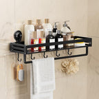 Shower Caddy Suction Cup, 15.7 inch Suction Shower Shelf with Hooks NO-Drilling Bathroom Holder, Rustproof Bathroom Organizer, Black - size: 15.7 inches(US)