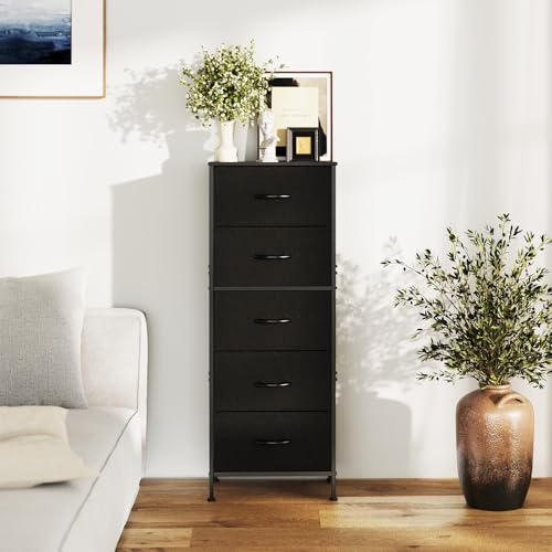 Sweetcrispy 5 Drawer Dresser with Fabric Bins, Sturdy Steel Frame and Wood Top, Storage Organizer Chest for Bedroom, Closet, Hallway, Black - color: Black, size: 15.7"D x 11.8"W x 47.7"H (5 Drawers)