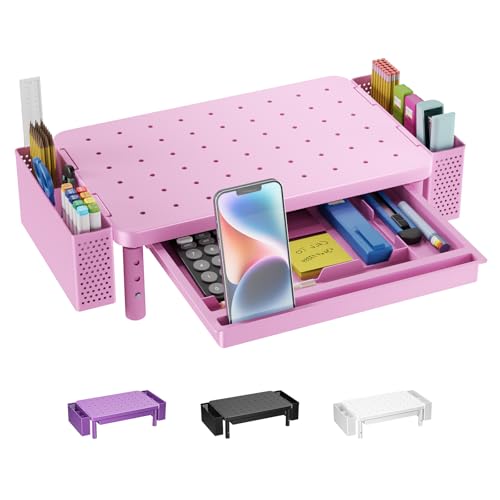 WALI Computer Monitor Stand with Storage, Desk Organizer with Drawer and Pen Holder, Desk Monitor Riser 3 Height Adjustable, Laptop Riser for Computer, Laptop, Printer (PTT003-P), 1 Pack, Pink - color: Pink, size: with Drawer and Pen Holder
