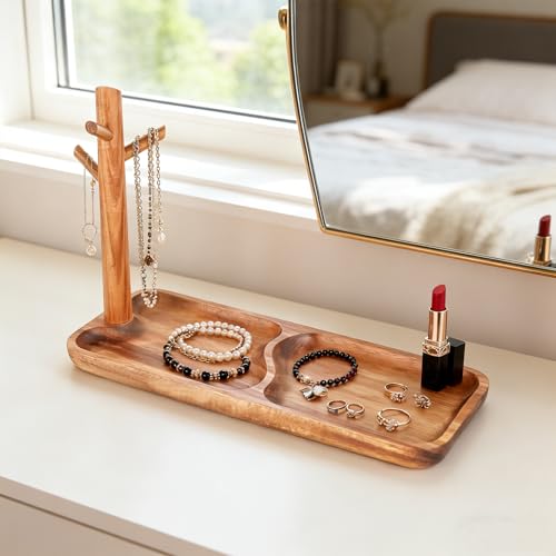 Acacia Wood Key Tray for Entryway Table, Wooden Catchall Organizer with Jewelry Storage Rack, Valet Tray for Keys Wallet Watches Sunglasses Rings(Rectangle) - style: Rectangle