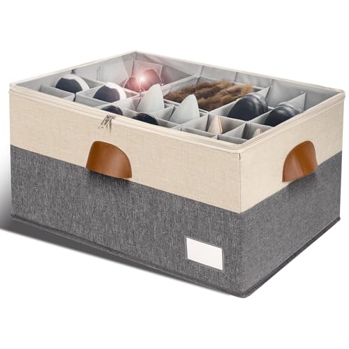 Shoe Organizer for Closet, Foldable Shoe Storage Bins with Clear Cover, Space Saving Shoes Holder with 4 Handles, Large Adjustable Shoe Box Storage Containers, Fits 12-24 Pairs, 1 Pack, Beige - color: Beige and Grey, size: (1 Pack) 25 ½"L x 17"W x 12 ½"H