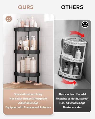 Nieifi Corner Shower Caddy Stand-3 Tier Rustproof Anodized Aluminum Standing Shower Organizer-Shower Caddy Corner-Dual Stability to Anti-Shaking-Height-Adjustable Legs for Uneven Surfaces-Black - color: Black, size: 3-Tier