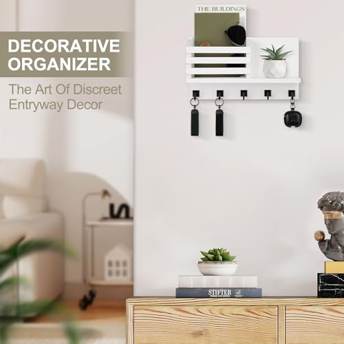 Key Holder Wall Mount, Mail Organizer for Wall with 5 Square Rustic Key Hooks Key Shelf Farmhouse Home Decor for Entryway - color: White