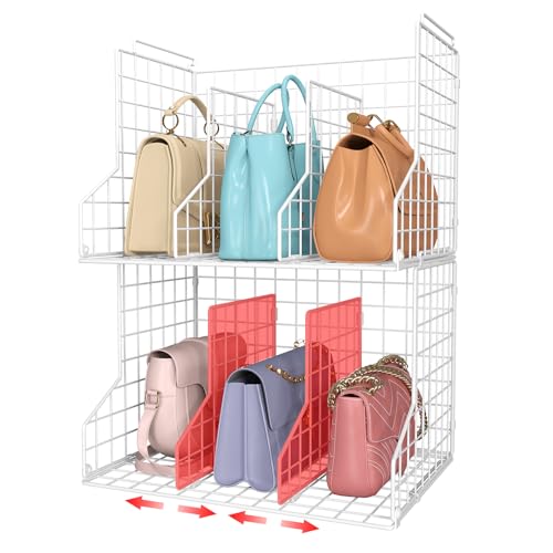 Sonyabecca Purse Storage Organizer for Closet : Adjustable 2-Pack Dividers Handbag Organizer - Stackable Wire Handbags Storage Baskets -Open Cabinets Wallets Tote Chain Bags Clutches -White - size: 2-pack large